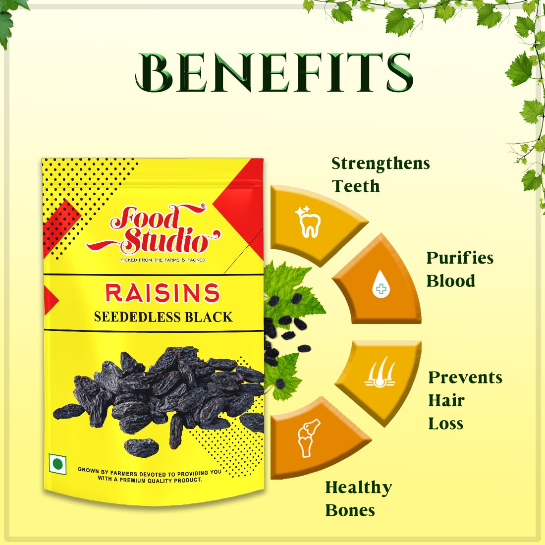 Food Studio Premium Seedless Black Raisins Yellow Pouch | Kali Kishmish | Munakka Dry Fruits