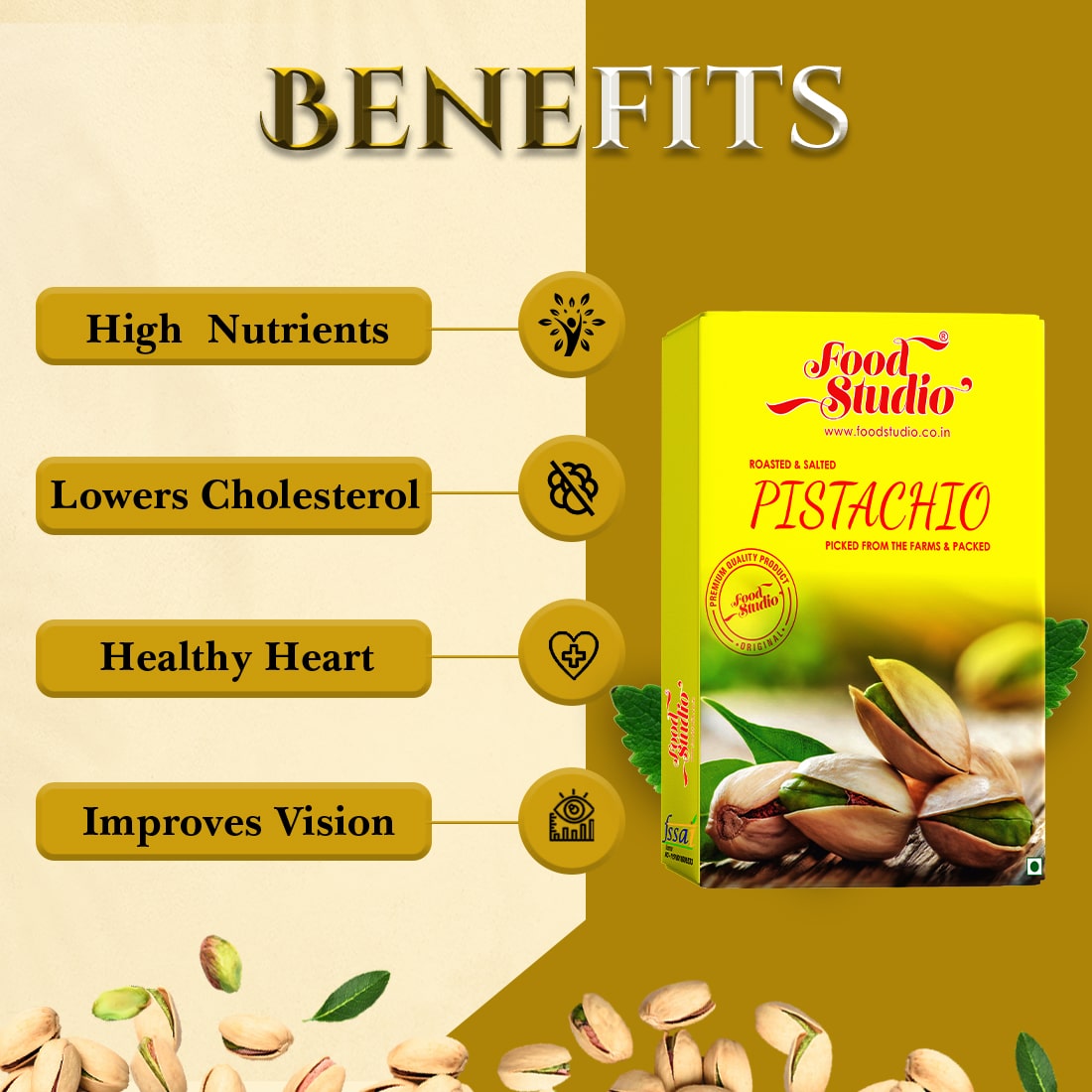 Food Studio Premium Roasted & Salted Pistachios Yellow Box | Healthy Snacks